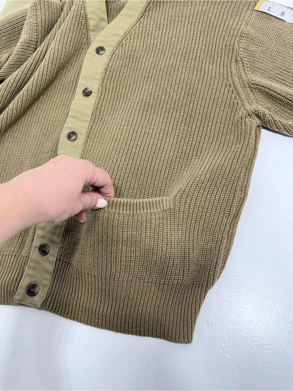 Orvis Men L Olive 100% Cotton V-Neck Rib Knit Cardigan Elbow Patch Button Front